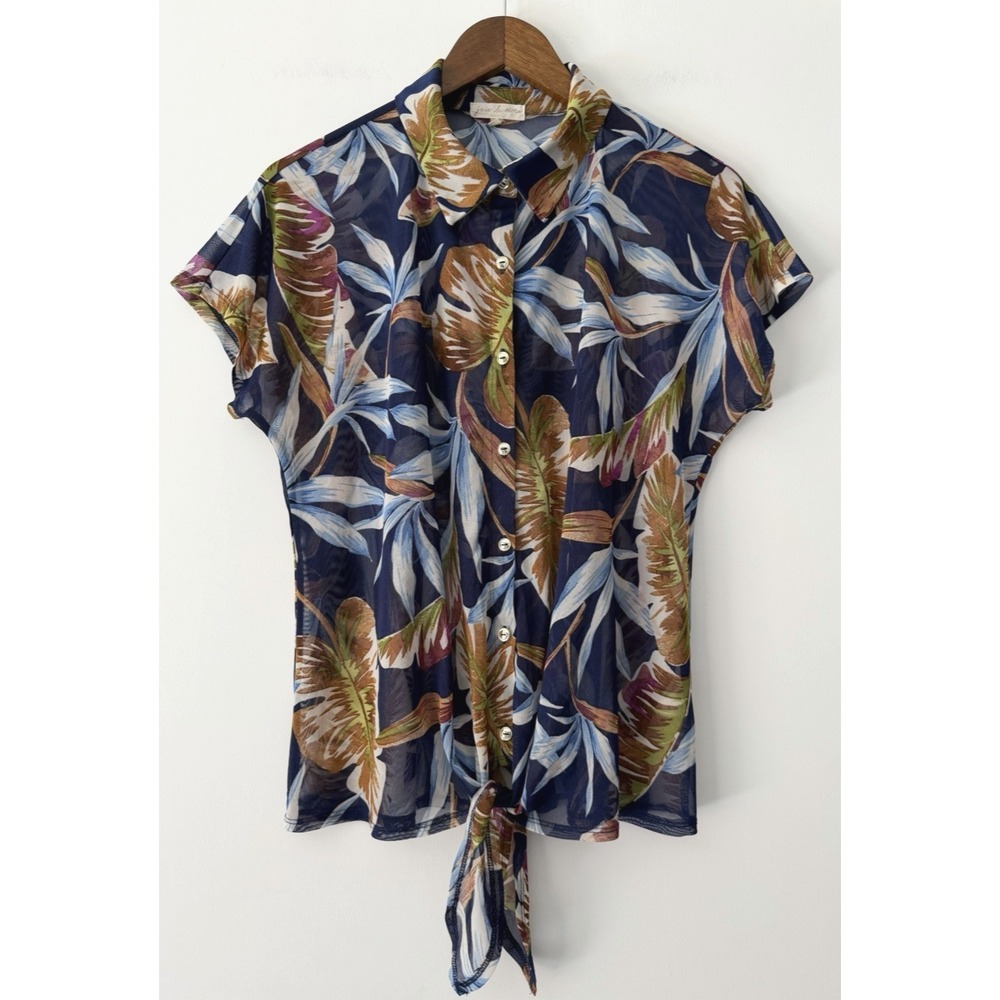 Joie De Vivre Floral Tie Front Mesh Blouse Top XL Blue Button Up Resort Tropical